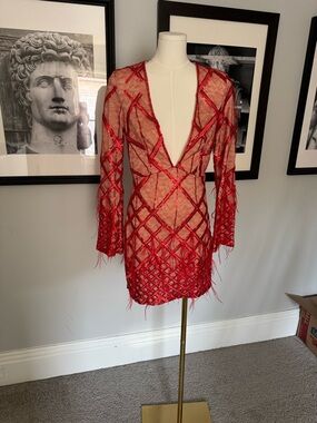 Red Deep V Sheer Lace Mini Dress